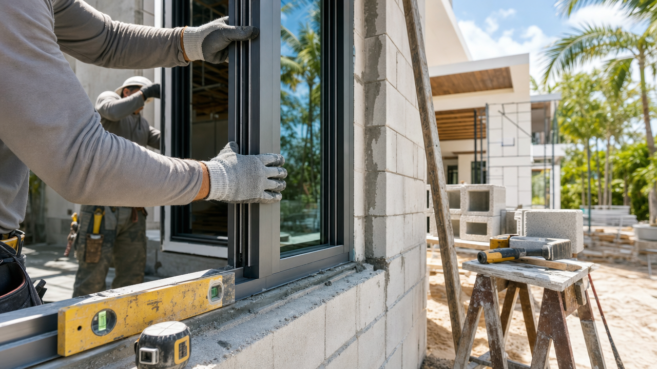 Construction workers in grey shirts install a dark-framed window in a new Miami home, with a level and tools nearby on a wooden stand.