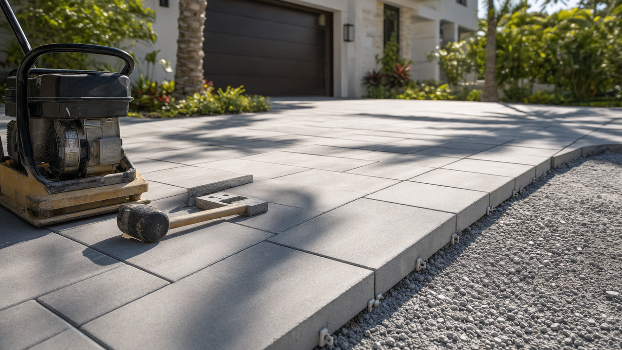 A plate compactor and rubber mallet rest on new light gray pavers for a Miami driveway, set against a house and lush greenery.