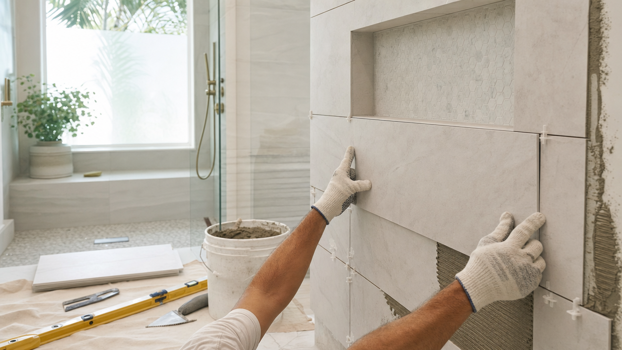 A gloved worker installs large tiles for a Miami bathroom renovation, with a level and bucket of mortar on the floor.