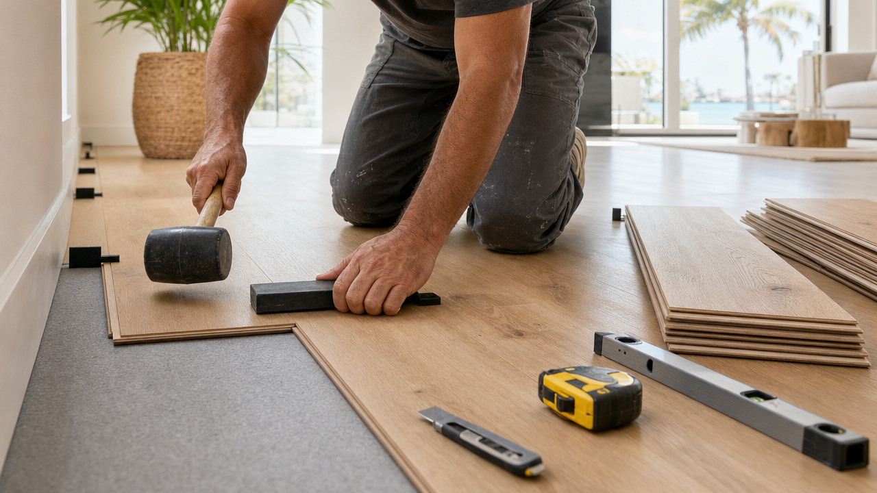 A worker kneels to install light wood flooring in Miami, using a mallet and block to secure planks near scattered tools.