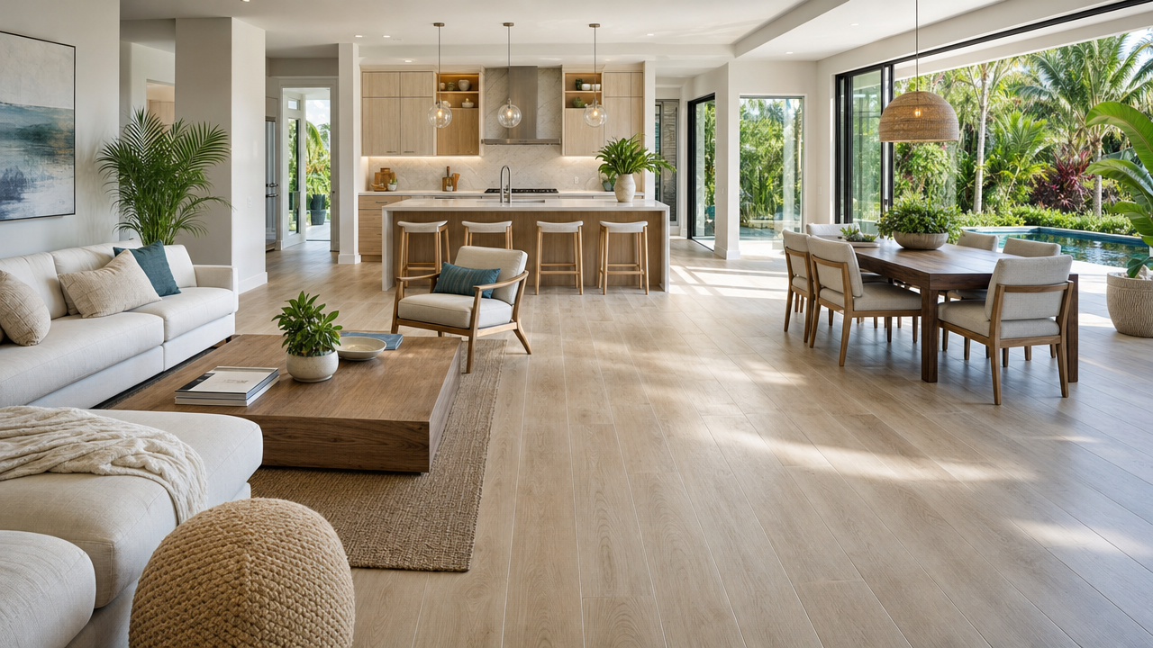 A bright Miami home with professional flooring, featuring a modern kitchen and a dining area that overlooks a pool.