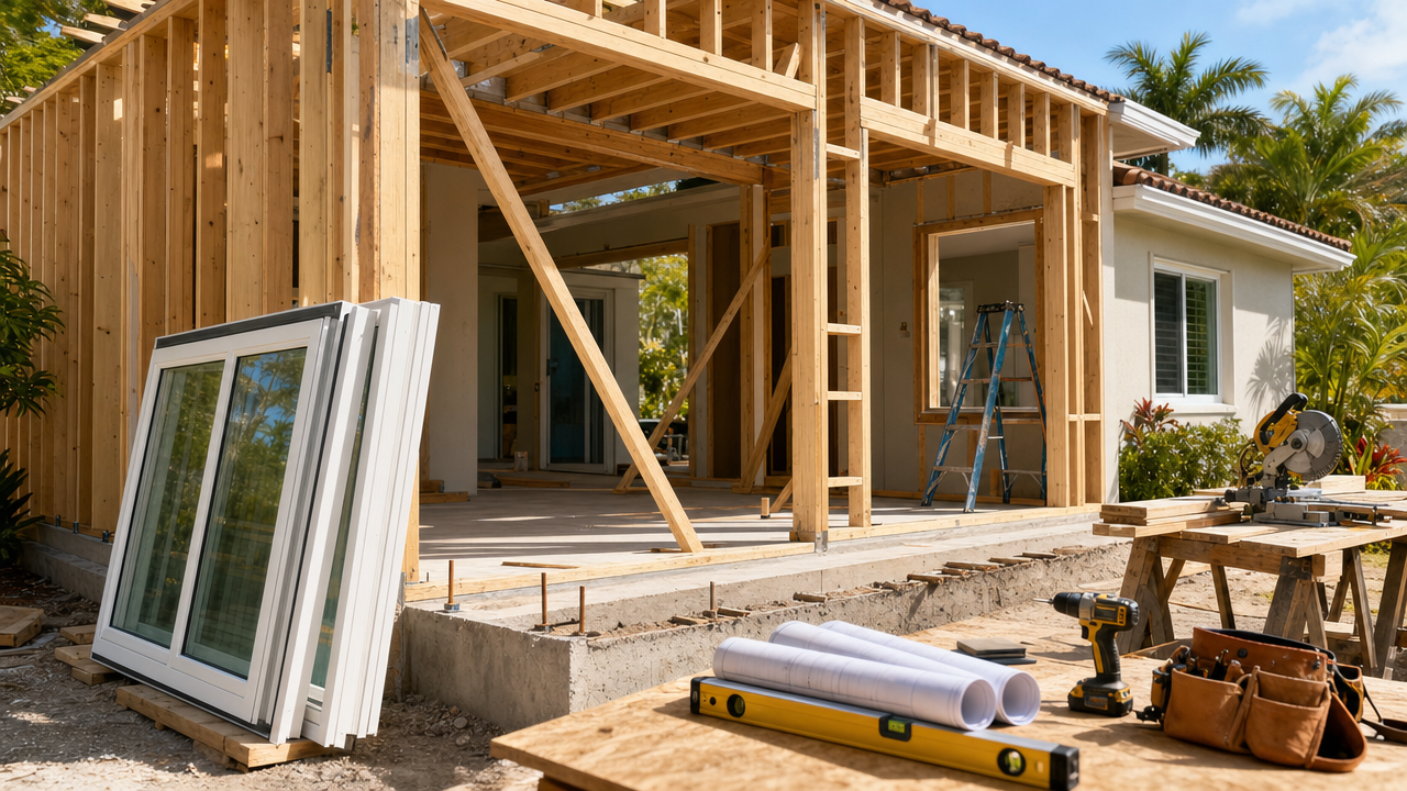 Tools rest on a workbench before a Miami home addition under construction, featuring an open wood frame and stacked windows.