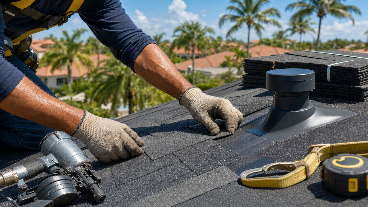 A gloved roofer installs black shingles on a sunny day in Miami, with palm trees and houses in the background.