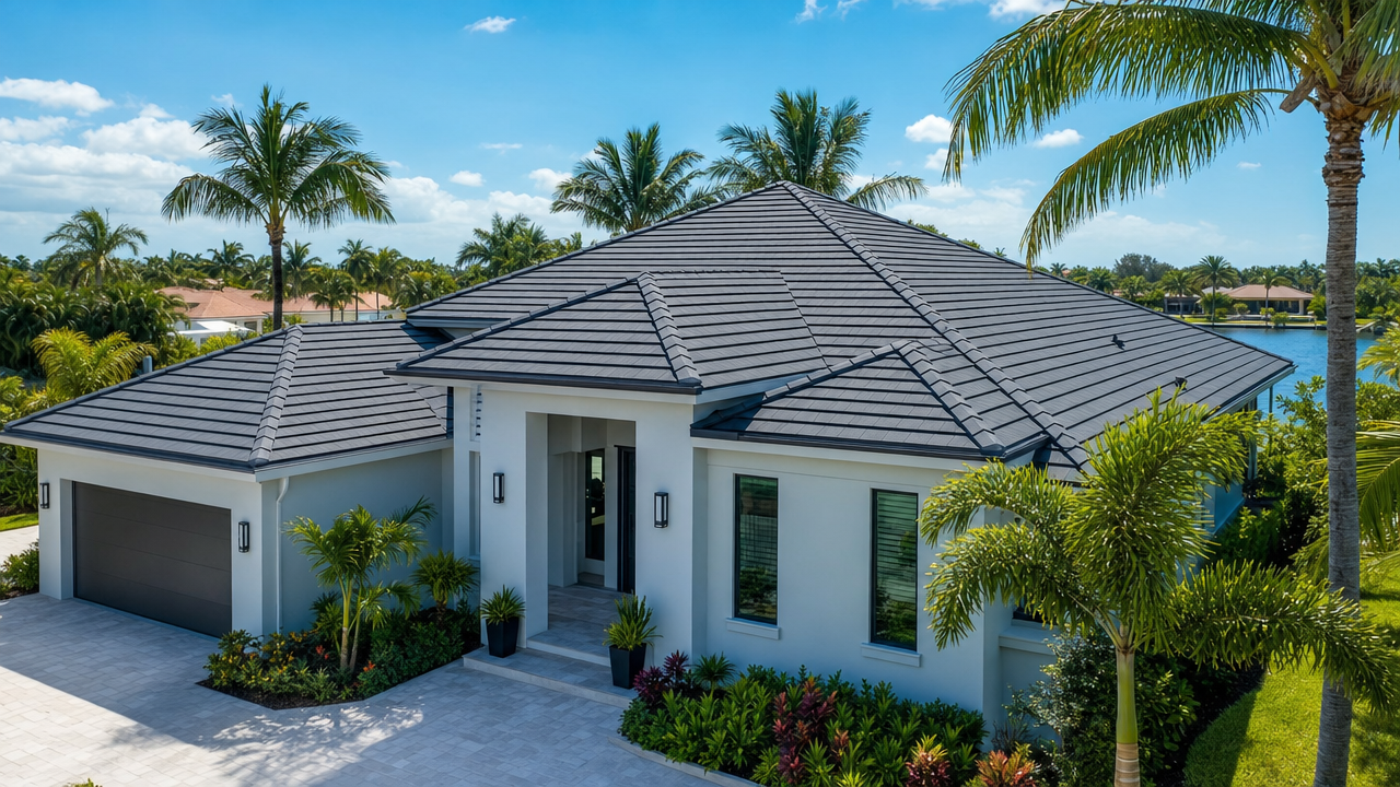 A modern white home with a dark gray tile roof under a clear blue sky, surrounded by palm trees and lush greenery.