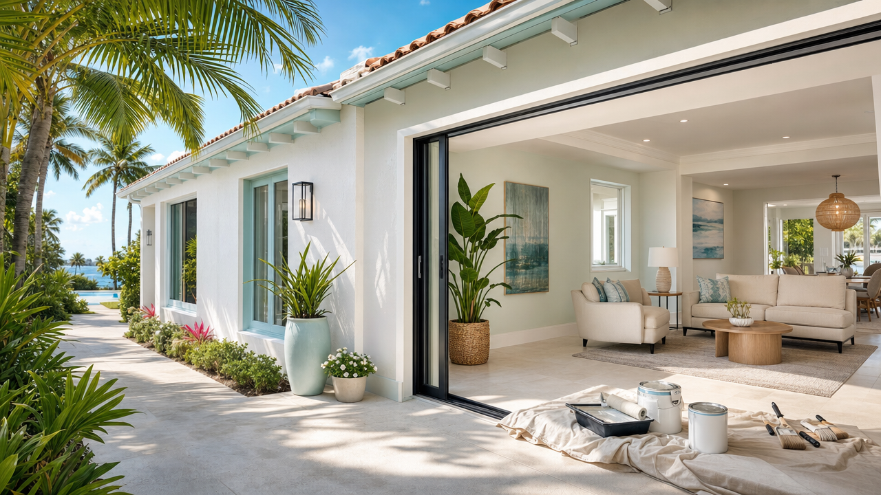 Painting supplies sit on the patio of a freshly painted white Miami home with an open glass door revealing a bright interior.