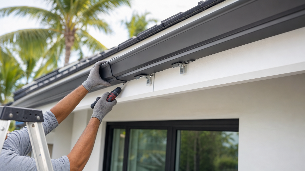 A worker in gray gloves uses a power drill to install gutters on a white house in Miami framed by palm trees.