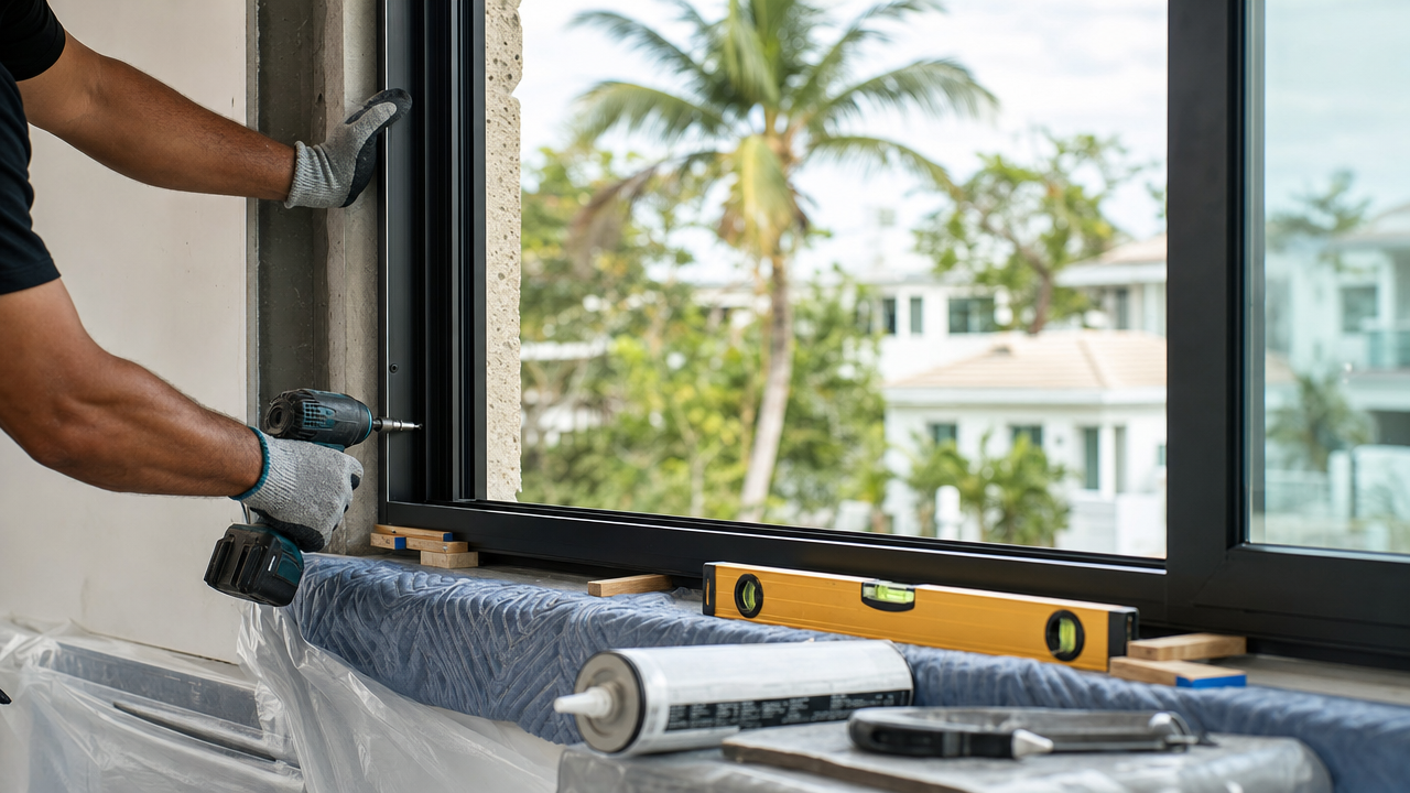 A gloved worker uses a drill to install black impact windows and doors in a Miami home, with tools and sealant nearby and palm trees outside.