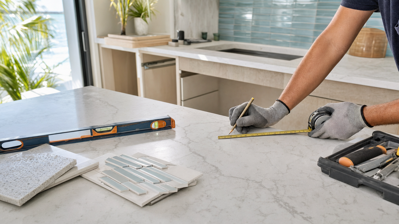 A person wearing work gloves measures a marble countertop during a Miami kitchen renovation, with a level and tile samples nearby.